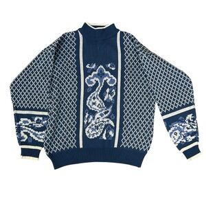 Vintage Lucia Acrylic Blue White Pullover Sweater Womens Large Geometric Print